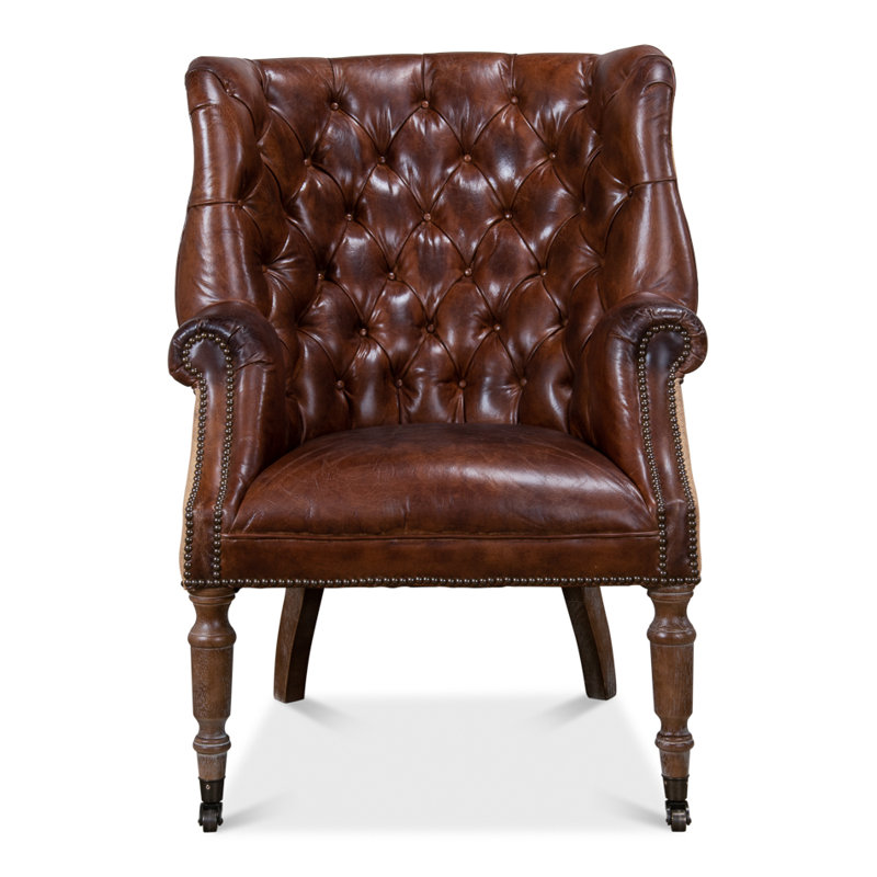 Spann Upholstered Wingback Chair, Vintage Cigar Genuine Leather