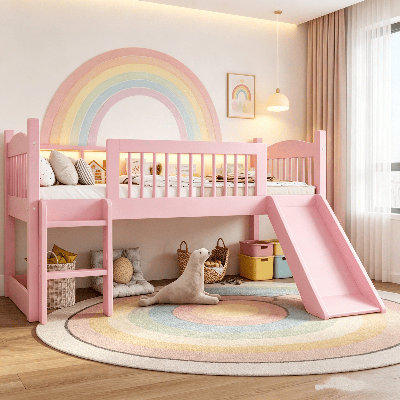 Lit mezzanine bas, lit mezzanine en bois avec lumière DEL, glissade et garde-corps complet, lit mezzanine pour enfants en bois massif avec escalier et tablettes de rangement, lit coulissant en bois pour salle de jeux pour enfants, aucun sommier nécessaire