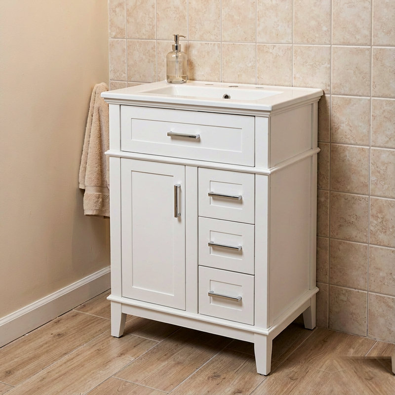 Lavabo de meuble-lavabo en céramique 24 po, structure en bois massif et armoire en panneau de fibres à densité moyenne, 1 porte, tiroir rabattable et 3 tiroirs, charnières à fermeture douce, tablette réglable, poignées argentées