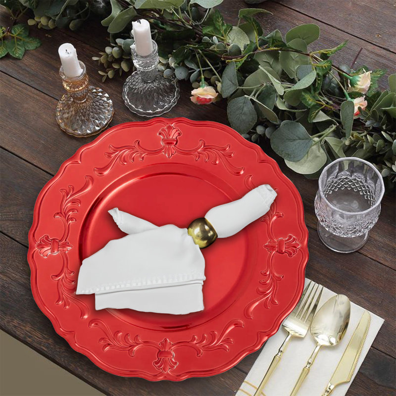 Set of Four 33cm Dia Red Finish Baroque Charger Plates, Red