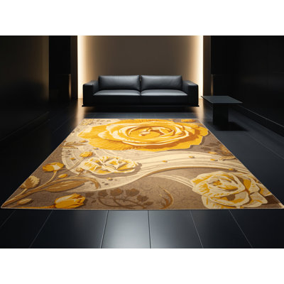 Machine Washable Paesyn Yellow Rose Eclectic Floral Rug in Beige – Beige Binding