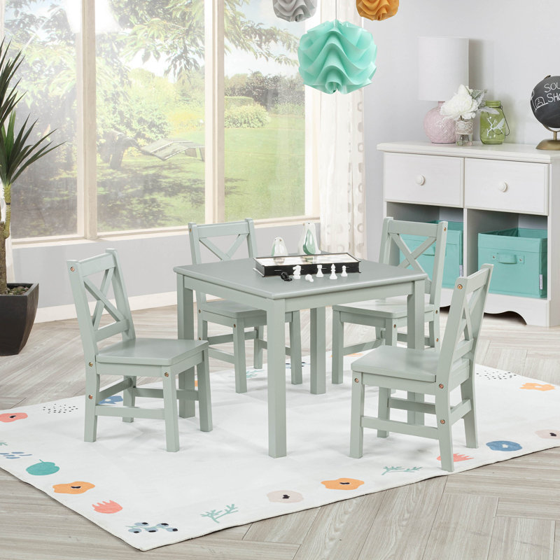 Ensemble de table et de chaises en bois massif 5 pièces Buckley, vert sauge, Vert sauge