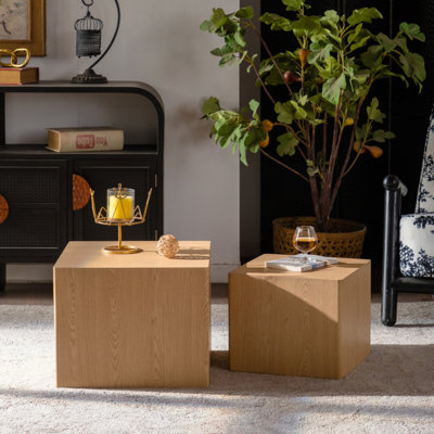 Set of 2 Nesting Cube Coffee Table Set, Modern MDF Wood Grain Side Tables for Small Spaces, Fully Assembled