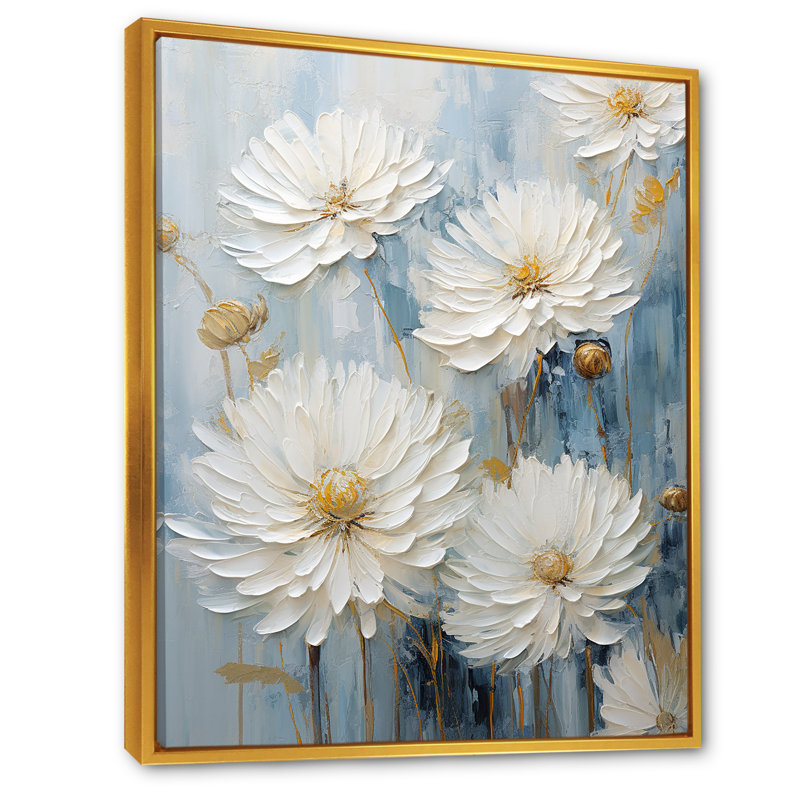 «White and Blue Chrysanthemums III» sur impression sur toile, Cadre flottant doré, H 44 po x l 34 po x P 1,5 po