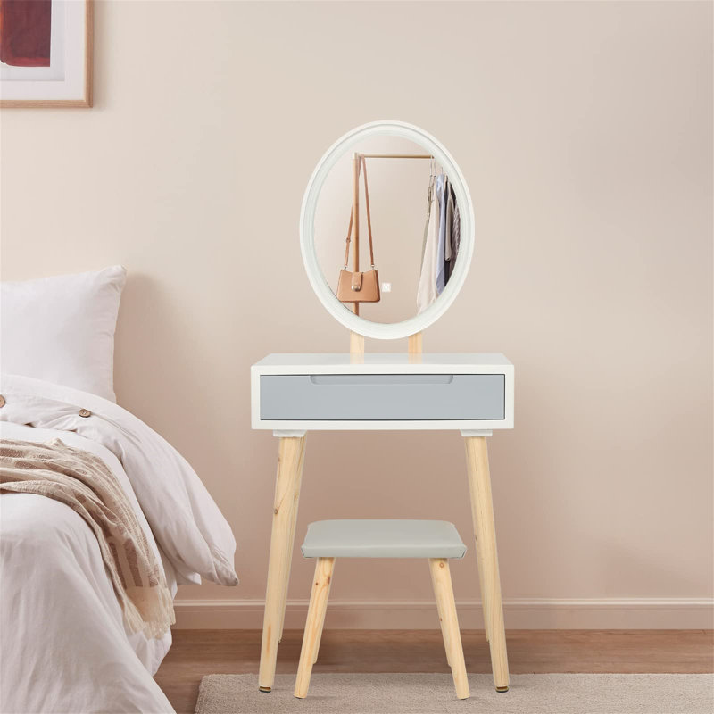 Dressing Table Set With Adjustable LED Light Mirror, 1 Drawer, Padded Stool And Free Cosmetics Organizer