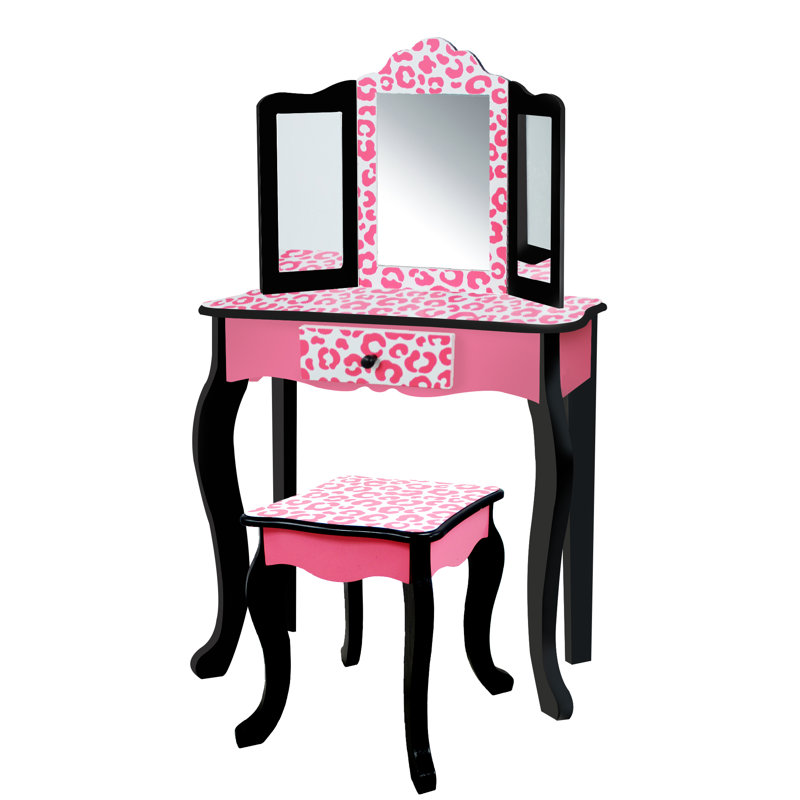 Teamson Kids Gisele Wooden Play Vanity Set with Tri-Fold Mirror, Storage Drawer, Matching Stool and Kids Makeup Table for Ages 3+