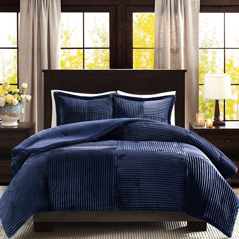 Édredon en duvet synthétique très grand bleu marine, rembourrage, face nervurée, envers uni, lavable à la machine, 1 et 2 taies décoratives