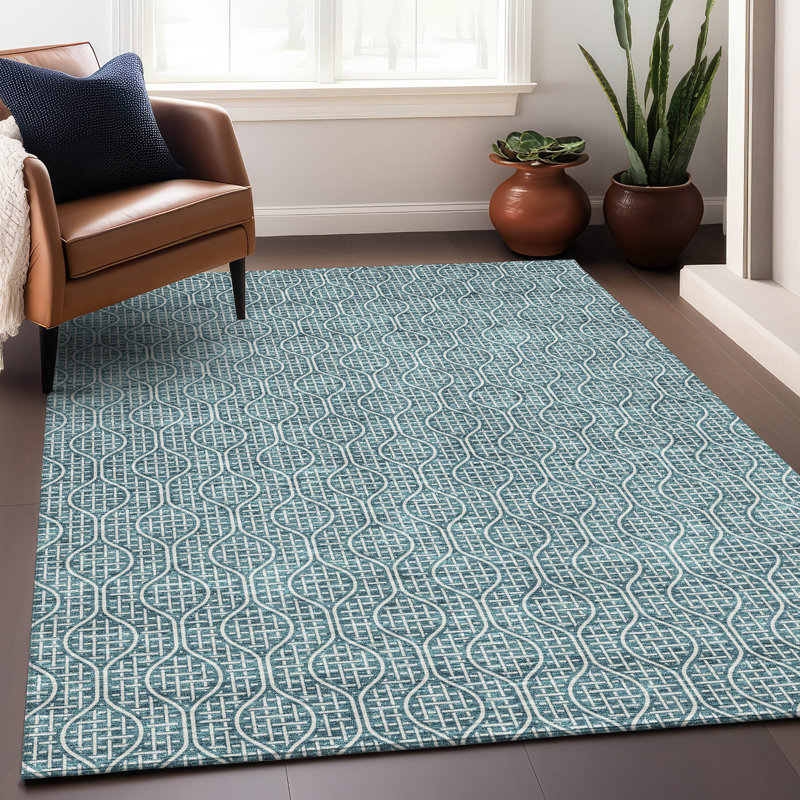 Tapis bleu sarcelle lavable à la machine Premium Prisco, Rectangle 10 pi x 14 pi