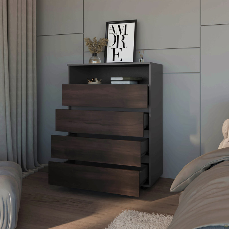 Commode 4 tiroirs en noyer teinté avec tablette ouverte