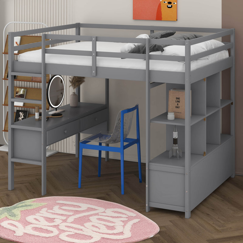 Lit mezzanine double avec bureau intégré, lit mezzanine peu encombrant avec deux tiroirs, tablettes et tiroirs de rangement, lit mezzanine pour enfants adolescents
