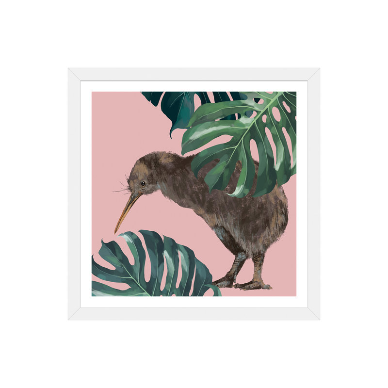 Kiwi oiseau avec monstera art, H 24 po x l 24 po x P 1 po, Papier avec cadre blanc