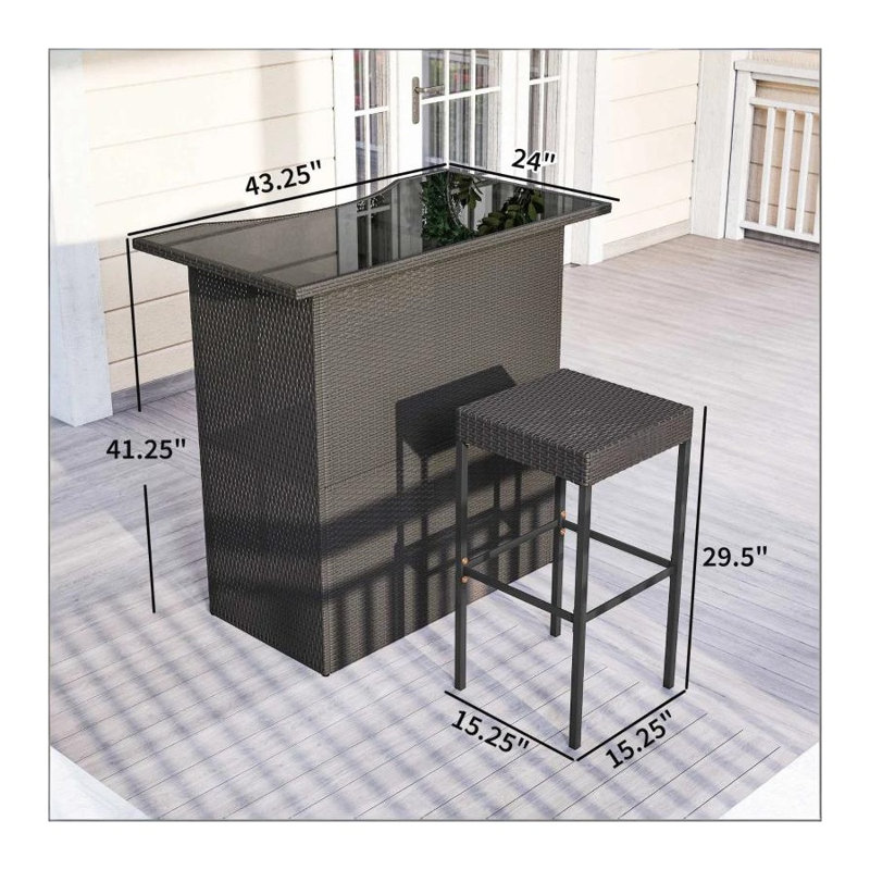 Ensemble de bar d'extérieur 5 pièces avec plateau en verre trempé et 4 tabourets de bar en rotin, mobilier de patio en métal brun foncé
