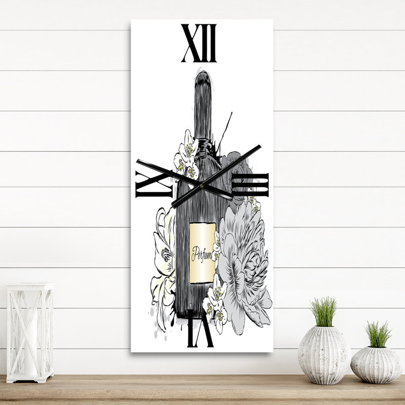 Horloge murale bouteille de parfum et bouquet de fleurs III, Grand
