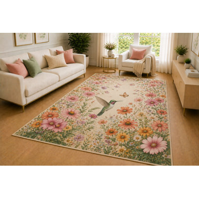 "Ultra Thin" 5' x 7'Hummingbird Wildflower Area Rug for Living Room, Soft Low Pile Indoor Rug with Non-Slip Silicone Backing, Botanical Carpet for Bedroom, Dining Room, Office, Pink Orange Green