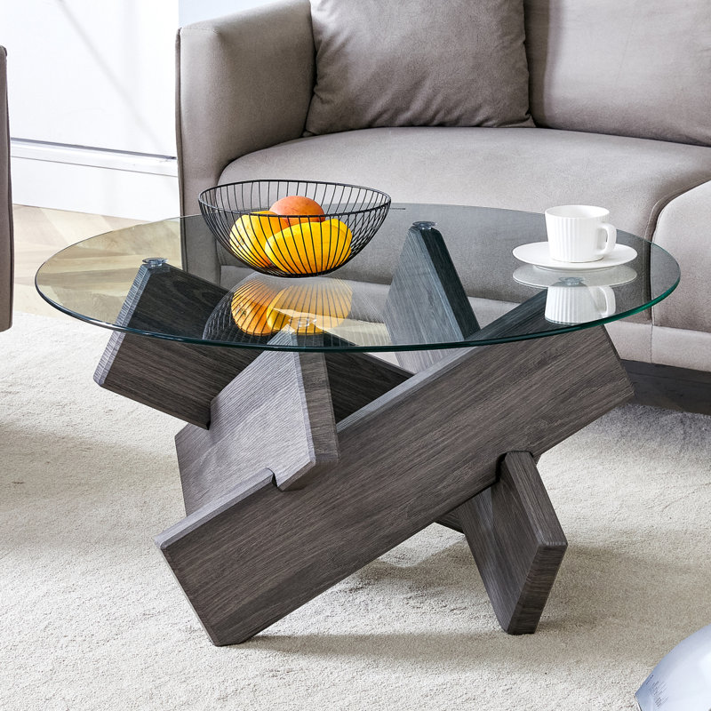 Table basse ronde en verre, table basse unique au design moderne 33,4 po. Plateau en verre trempé avec pieds en panneau de fibres à densité moyenne à motif