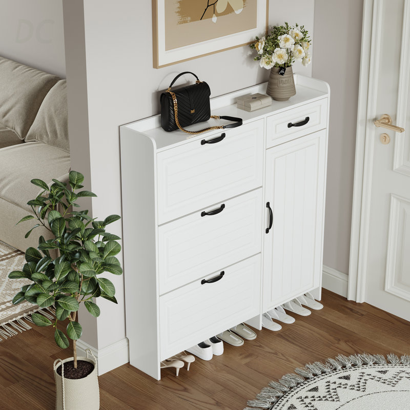 Armoire à chaussures blanche avec 4 portes et 1 tiroir, grand espace de rangement, buffet