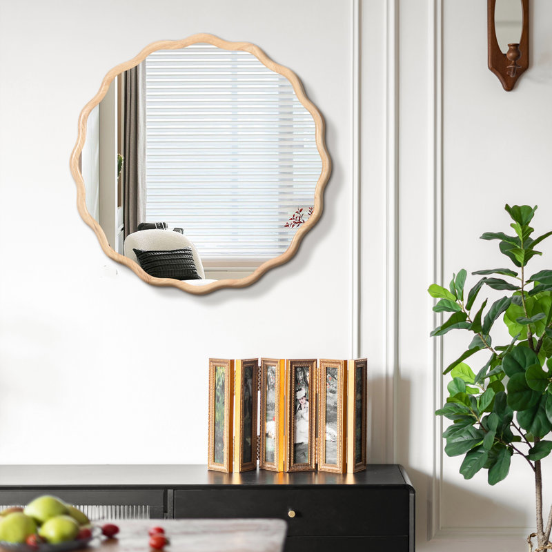 " natural wood wavy vanity mirror | modern wall decor for bathroom, bedroom, living room, dining room, cloakroom & entryway