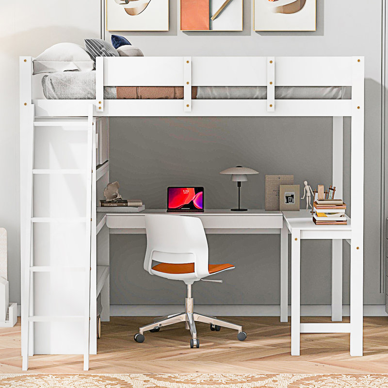 Lit mezzanine double avec bureau et tablette, Blanc