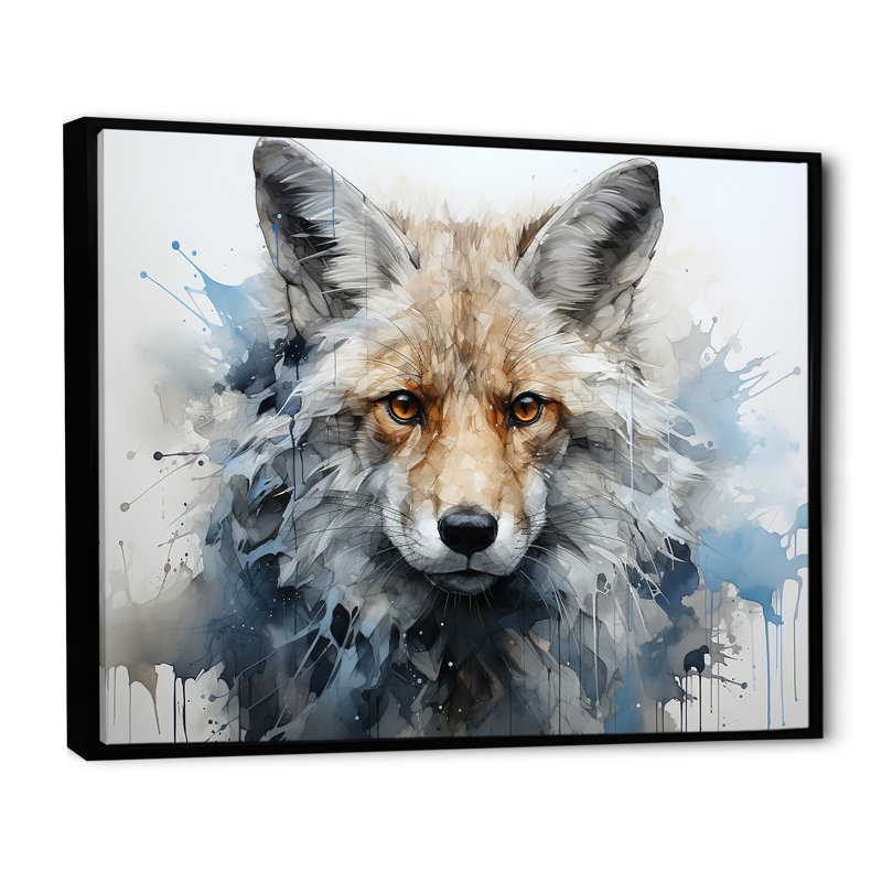 Portrait de renard bleu et blanc, Cadre flottant noir, H 34 po x l 44 po x P 1,5 po