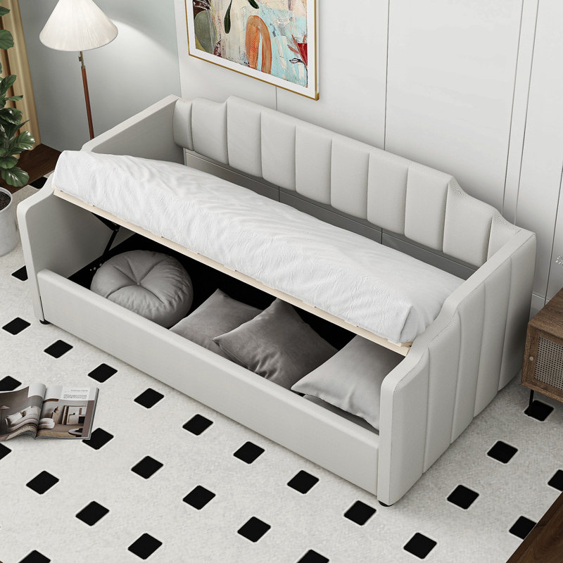 Upholstered Daybed With Underneath Storage, Beige