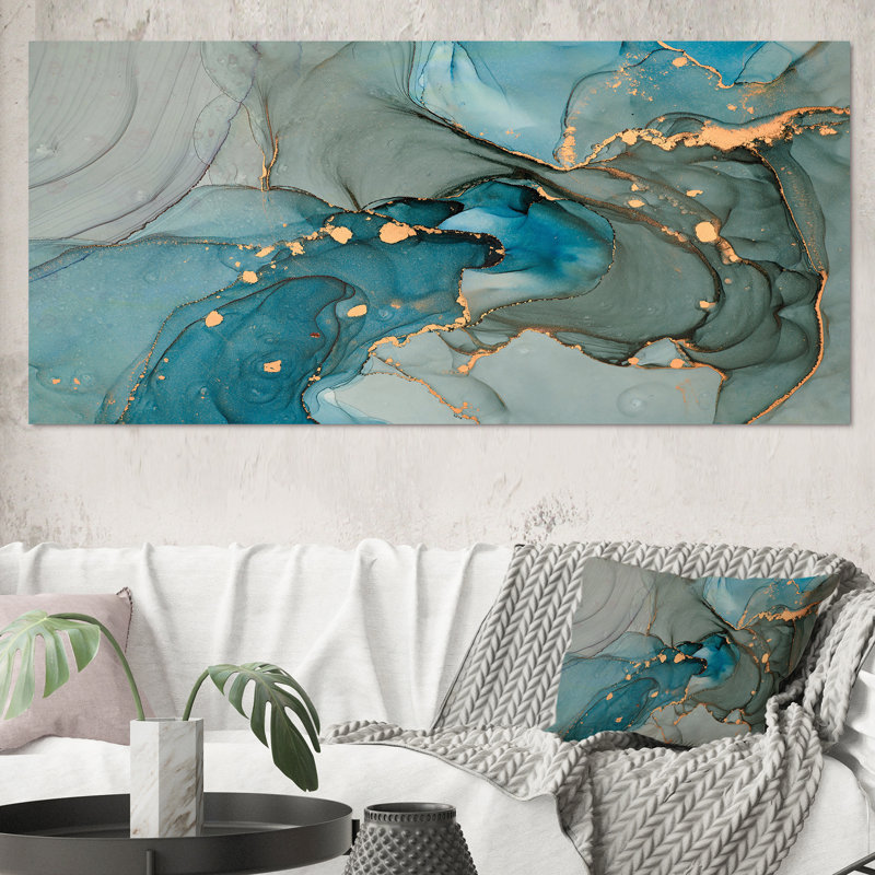 Turquoise doré infusé de marbre - reproduction sur toile, H 28 po x l 60 po, Toile tendue, No Frame