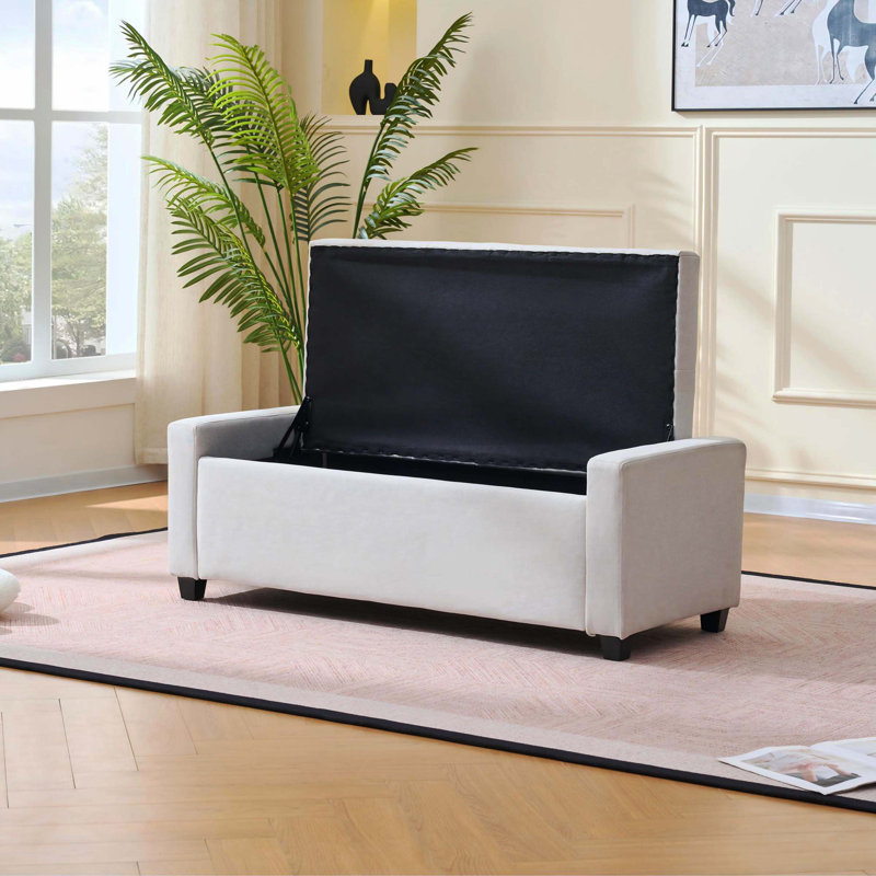 48 Inch Beige Faux Linen Upholstered Storage Bench With Armrest, Bed End & Entryway Storage Ottoman, Beige