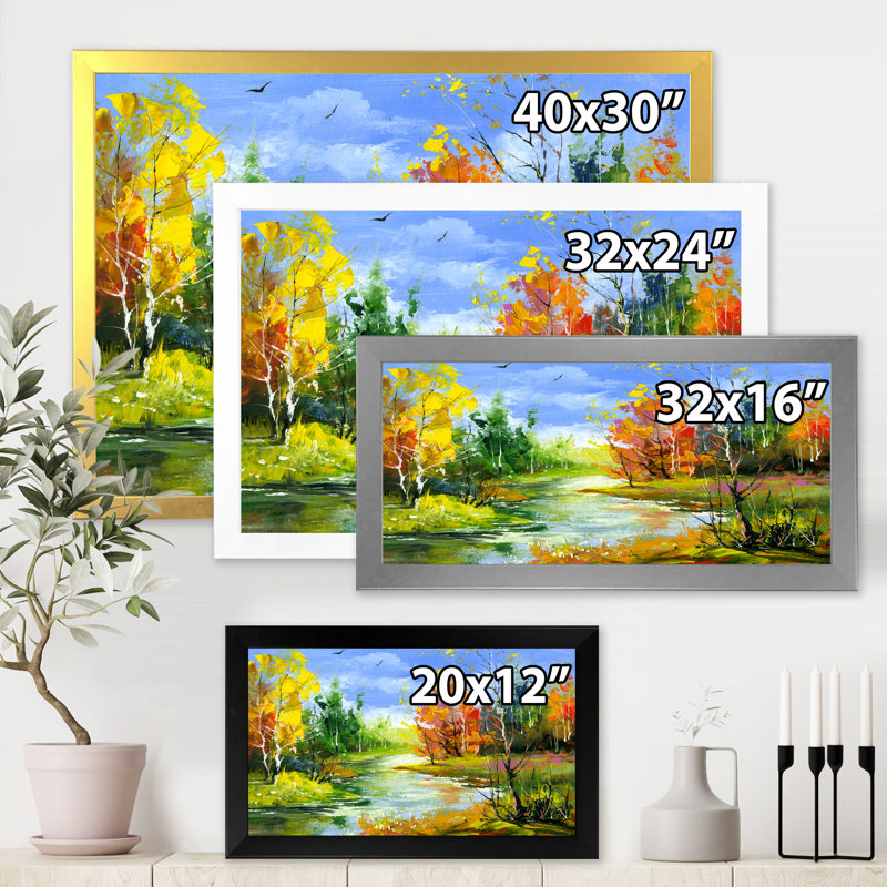 Paysage d'automne avec la rivière Wood - Peinture sur toile, H 24 po x l 32 po x P 1 po, Cadre photo noir