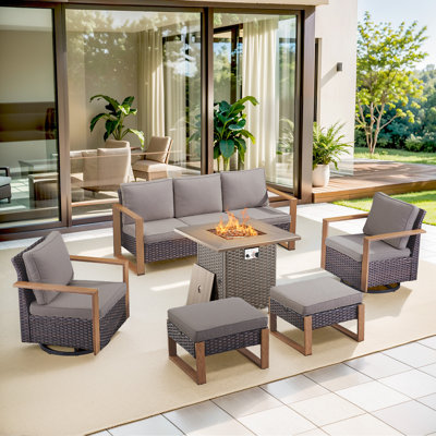 Palomares 6-Piece Outdoor Conversation Set With Swivel Gliders And Square Fire Pit Table, 5-Person Wicker Patio Seating With Sofa & Ottomans