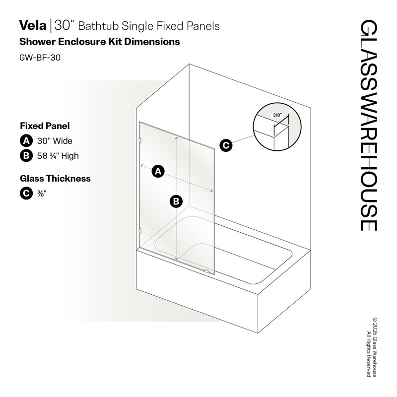 Vela 30 in. x 58.25 in. Frameless Single Fixed Bath Panel, Polished Chrome