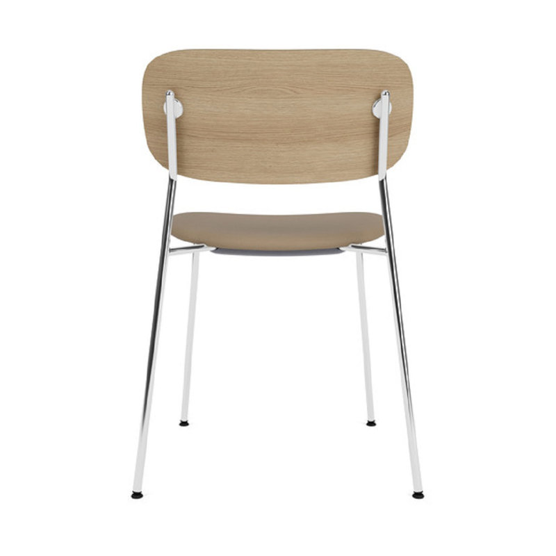 Co Upholstered Dining Chair, Brown Leather, Natual Oak, Chrome