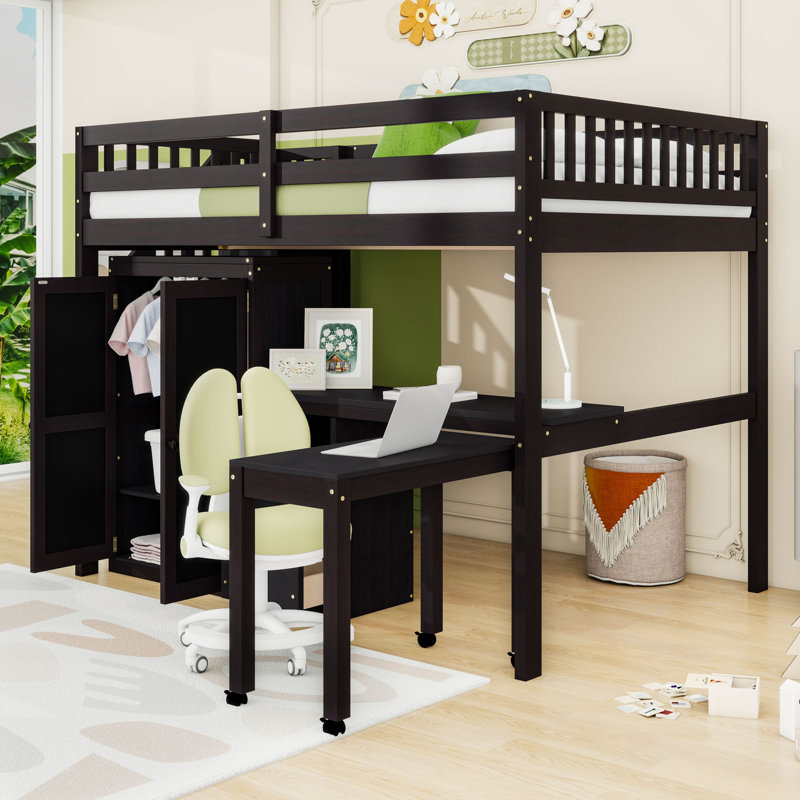 Lit mezzanine en bois avec bureau intégré et escalier, Complète, Espresso