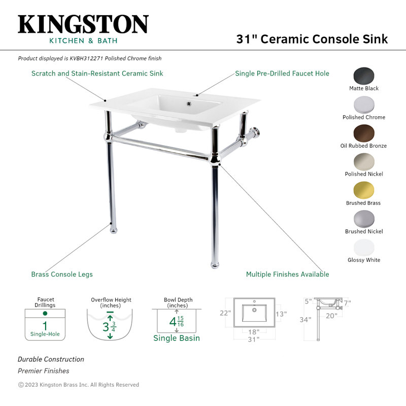 Kingston Brass Templeton 31-Inch Ceramic Console Sink with Brass Legs (1-Hole), White/Matte Black