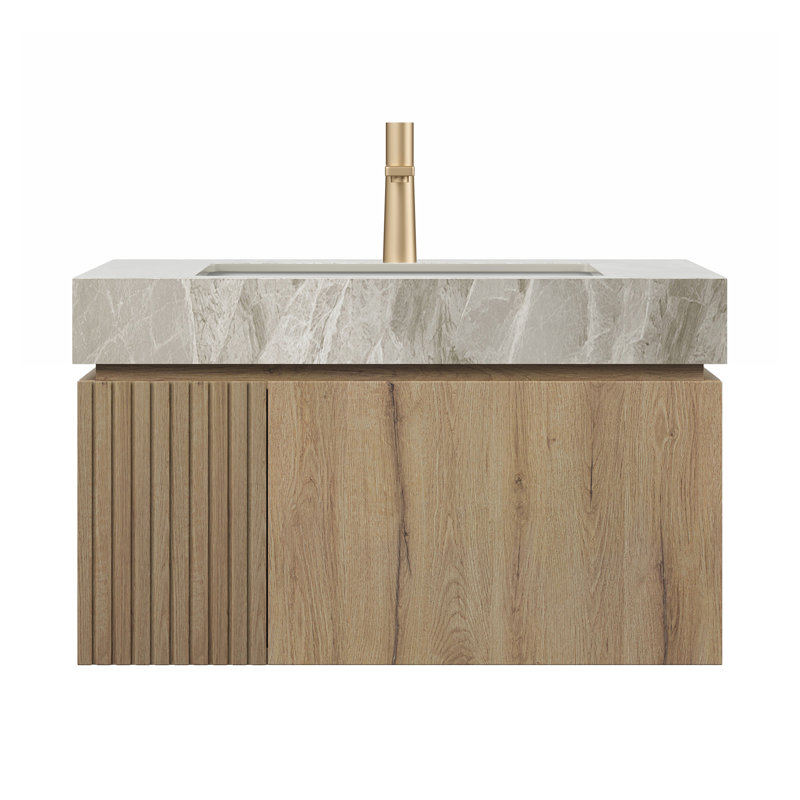 Meuble-lavabo mural flottant 30 po avec tiroir et porte, comptoir en pierre frittée gris clair, finition chêne blanc, pré-assemblé