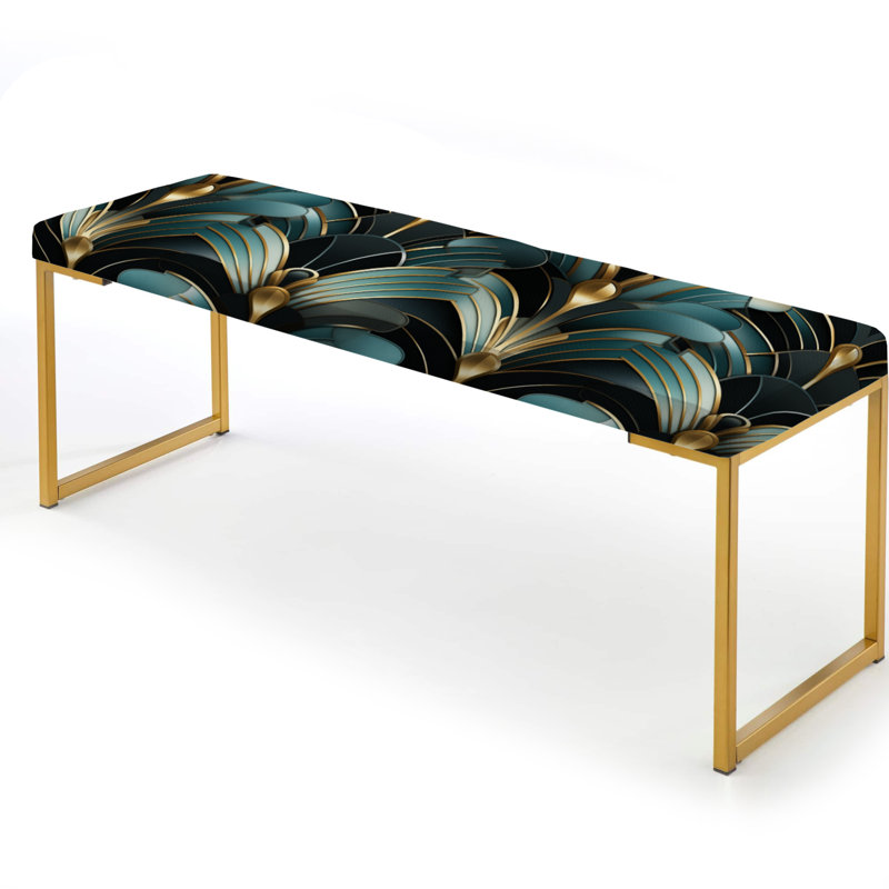 Banc rembourré or, Damas émeraude et or, motif Art déco