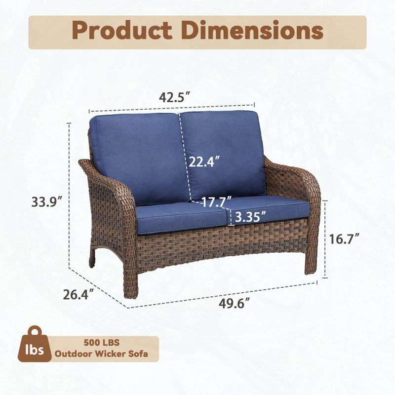 49.6-Inch PE Wicker Rattan Outdoor Loveseat with Blue Cushions, Blue