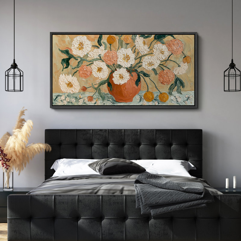 Floral nature morte dans des tons de crème et de rosé chauds - reproduction d'art sur toile encadrée, Noir