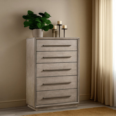 Lyni Tall Dresser Chest, 5 Drawers, Open Shelf, Washed Oak Brown