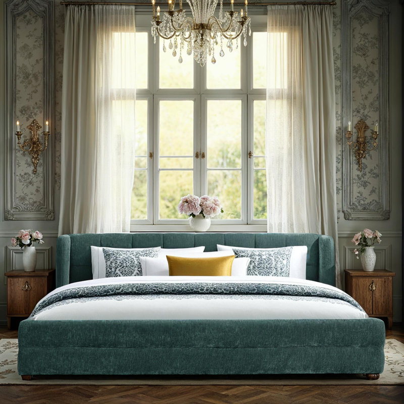 ?Modern Upholstered Queen Bed Frame with Plush Chenille Headboard | Sturdy Design, Green