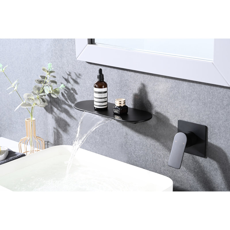 Robinet de lavabo de salle de bain - mural, noir mat, poignée simple, bec noir encastré, Noir mat