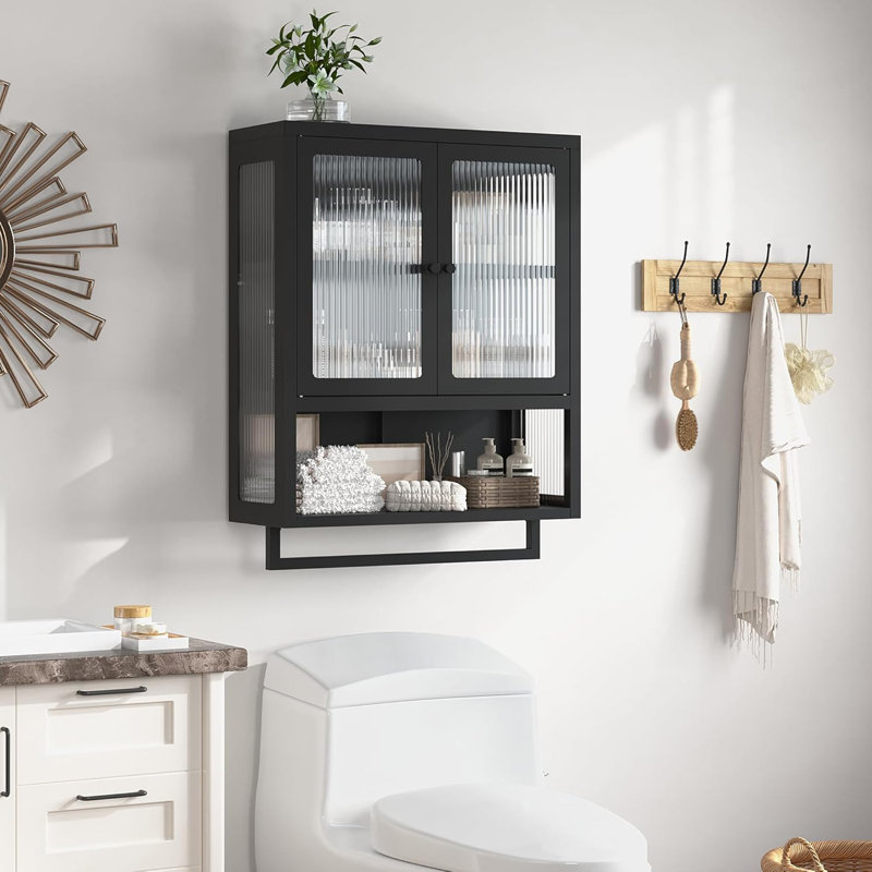 Armoire murale de salle de bain au-dessus de la toilette avec portes en verre et barre à serviettes