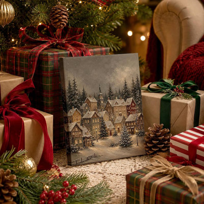 Christmas Winter Village Wall Art Decor Framed 8x10 Inch Vintage Christmas Canvas Poster Prints, Cozy Rustic Winter Night Snowy Town Wall Artwork for Home Living Room Bedroom Decor