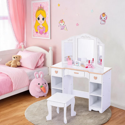 Kids Vanity Set, Princess Makeup Table with Tri-Fold Mirror, Stool & Wooden Makeup Playset, Toddler Dressing Table with Storage Drawers & Shelves for Little Girls, White
