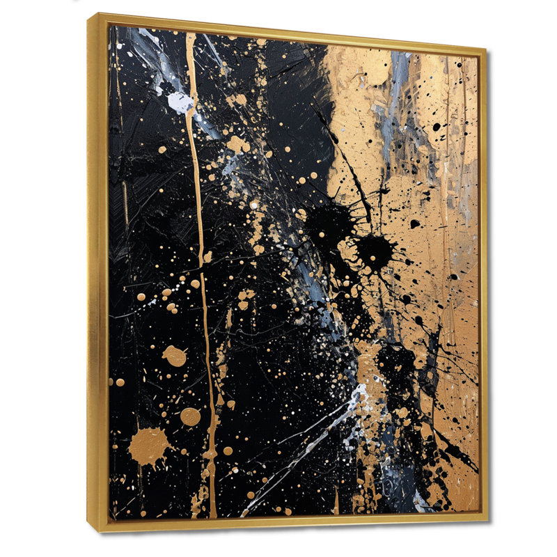Spatter Explosion Gold Black - reproduction d'art abstraite, H 32 po x l 16 po x P 1 po, Toile avec cadre flottant or