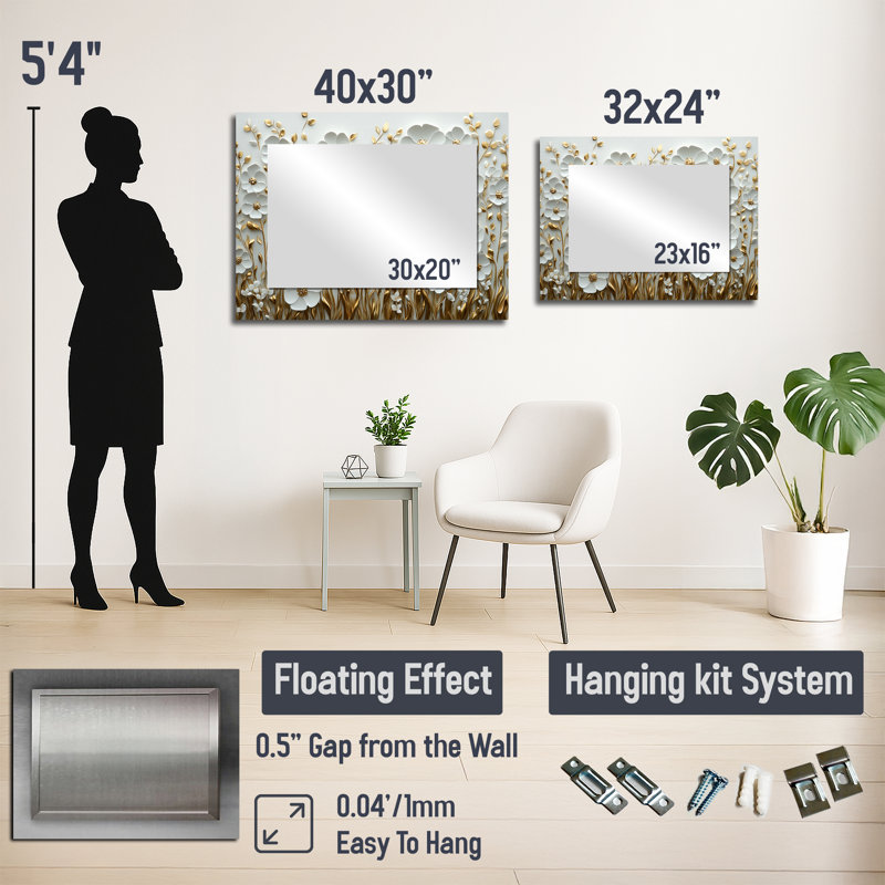 Fleurs sauvages dans des fleurs de printemps crémeuses dorées II - Art mural miroir floral - imprimé sur métal, 30 po x 40 po