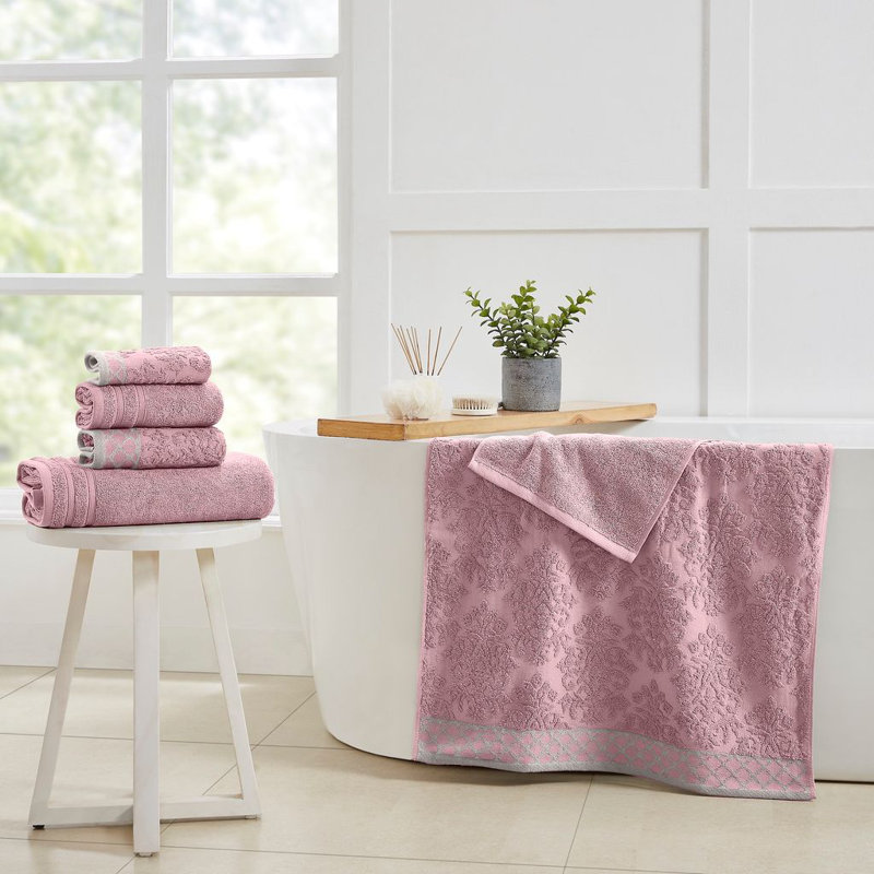 Modern Threads 6-Piece Damask Jacquard/Solid Ultra Soft 550GSM 100% Combed Cotton Towel Set with Embellished Borders