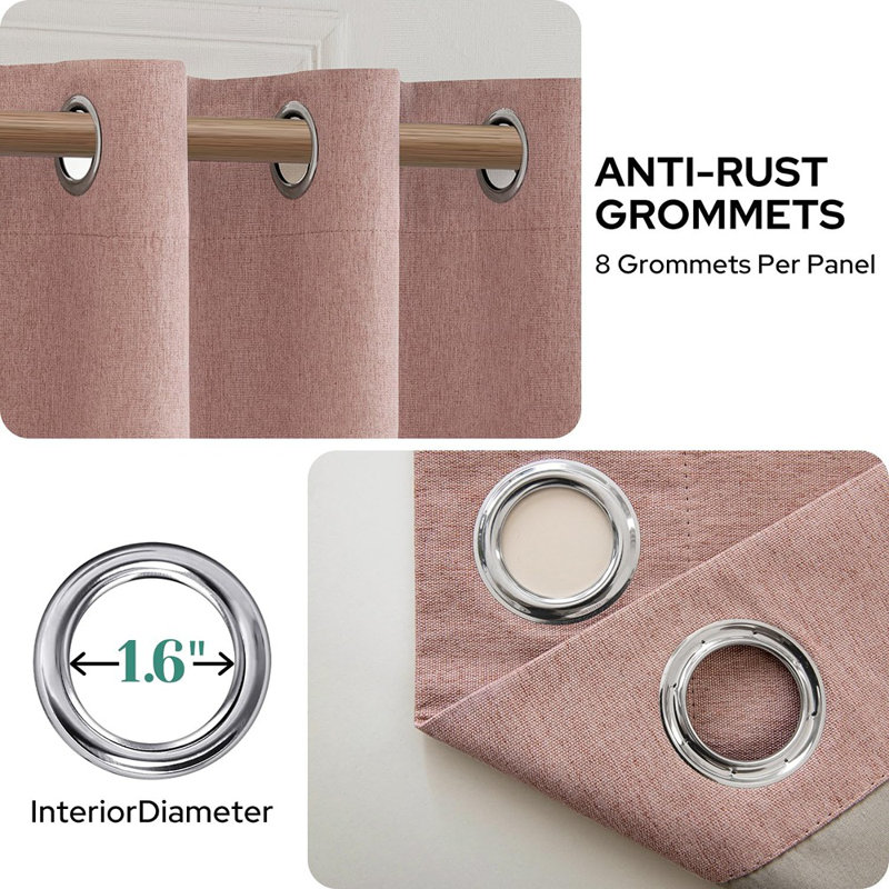 Blush Pink 100% Blackout Curtains – Faux Linen, Thick Textured, Grommet Panels, 52" W x 108" L, Blush Pink