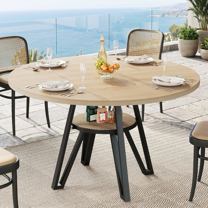 47.2" W Round Dining Table For 4-6, Kitchen Table With Rattan Storage Shelf, Natural Wood