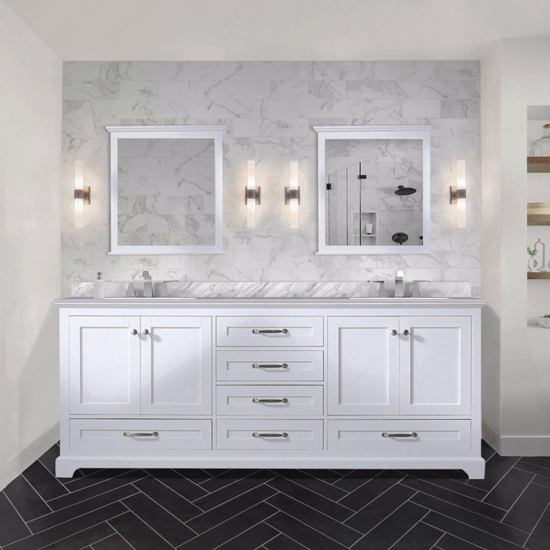 Meuble-lavabo double l 80 po x P 22 po, comptoir en marbre de Carrare, Blanc