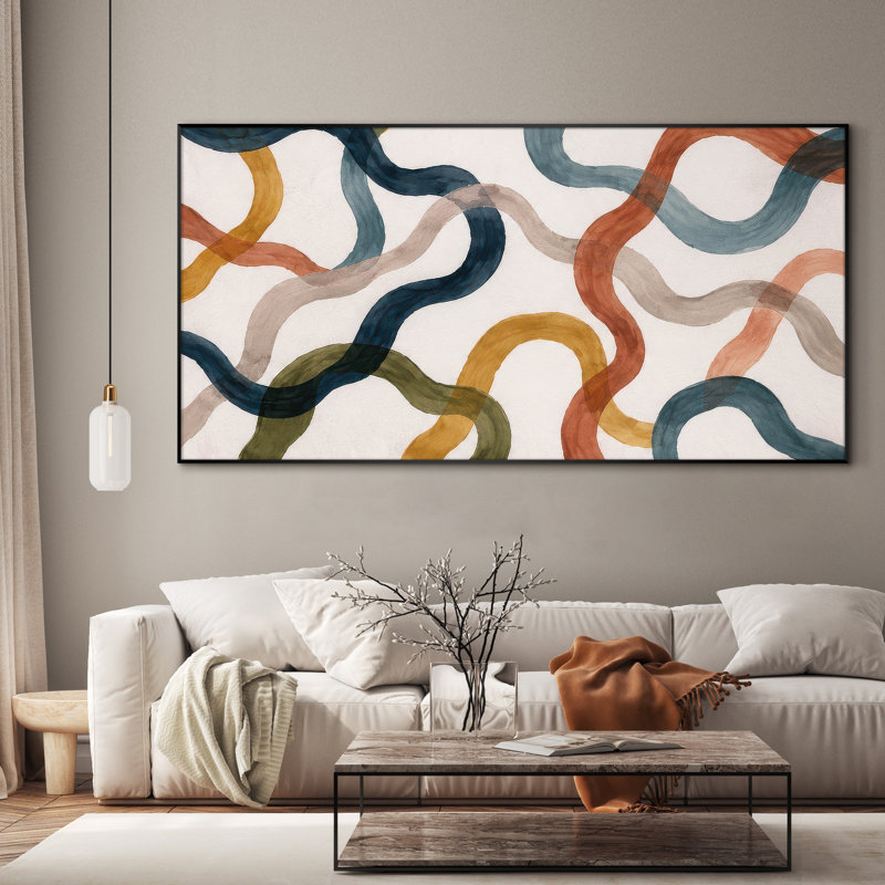 Très grand art mural imprimé sur tissu - Motif de lignes ondulées abstraites colorées pour le salon ou la chambre à coucher - «Assemblage requis du cadre (cadre non fini)»