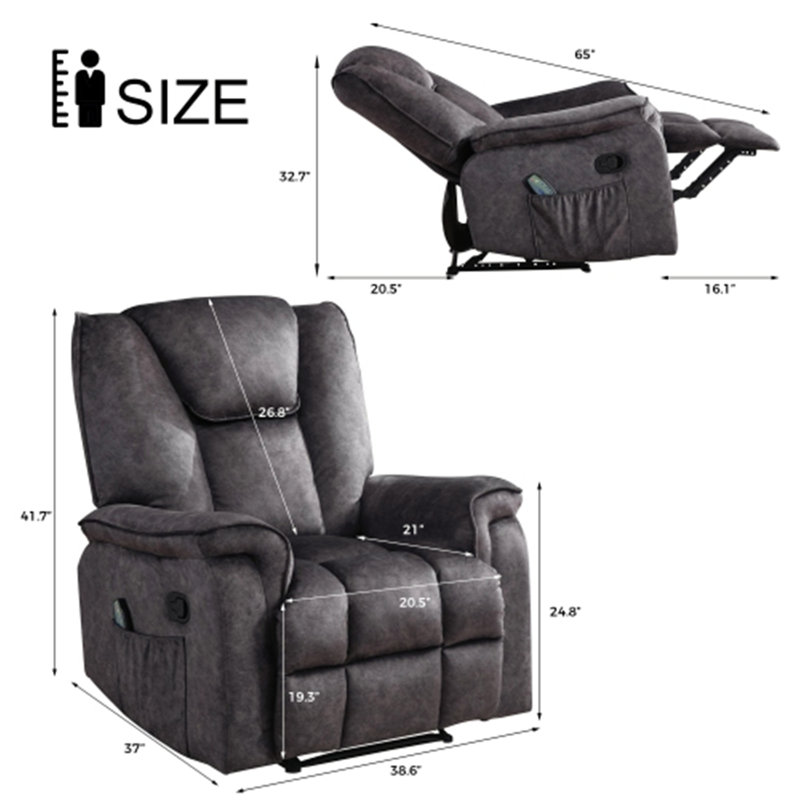 Fauteuil inclinable ergonomique 37 po en velours, Velours gris
